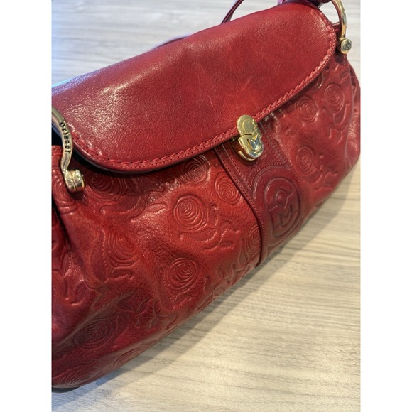 Marino Orlandi Red Embossed Leather Shoulder Bag Floral Tooled Gold Hardware - Picture 4 of 14